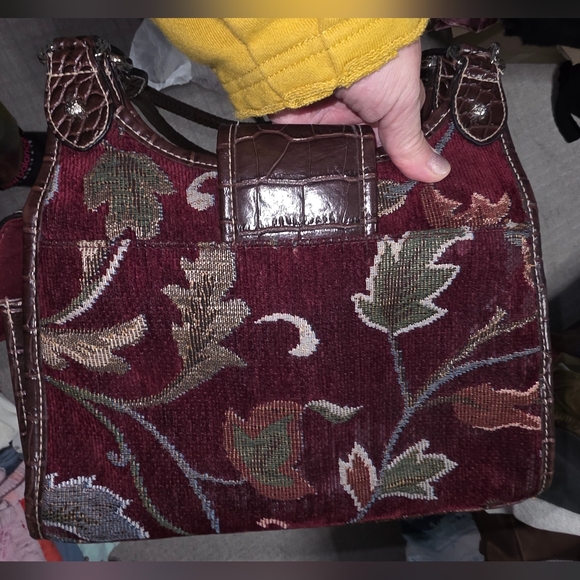 Burgundy Floral Tapestry Purse With Brown Faux Leather - Picture 7 of 11